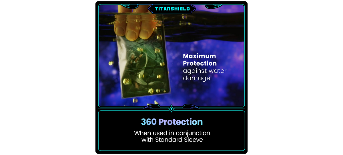 A hand holds a trading card underwater inside TitanShield sleeves, illustrating 360° protection against water damage.