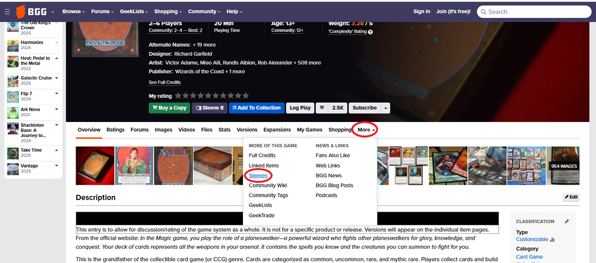 Screenshot of a BoardGameGeek game page showing the “More” dropdown menu open with the “Sleeves” option circled.
