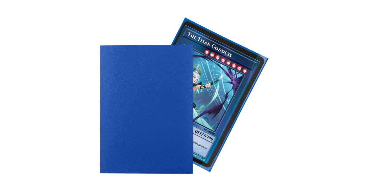 A trading card partially inserted into a blue TitanShield sleeve, showing the artwork and title “The Titan Goddess.”