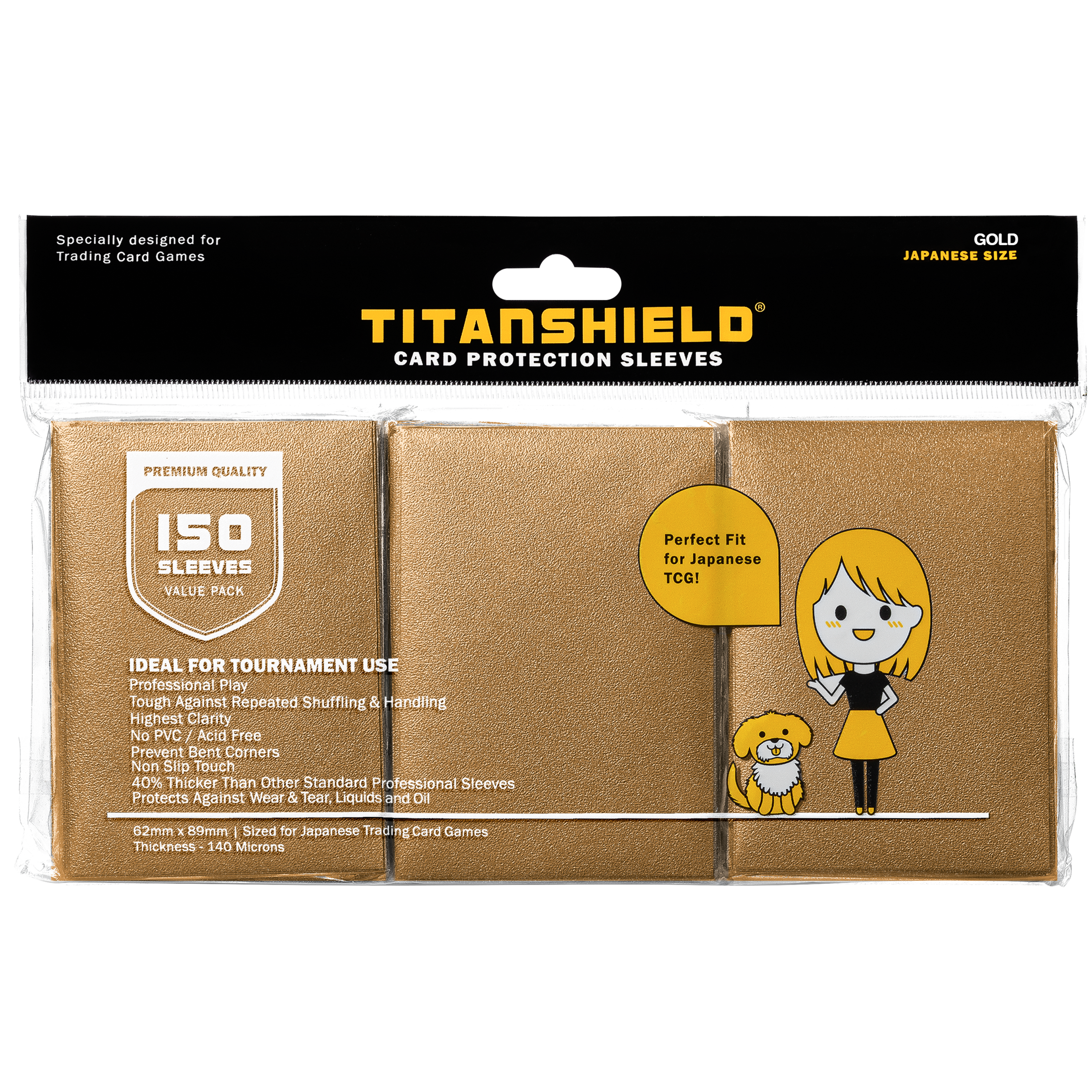 japanese card sleeve TitanShield (150 Sleeve) Colored Small Japanese Sized Trading Card Sleeves Deck Protector for Yu-Gi-Oh, Cardfight!! Vanguard & More (Gold)