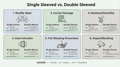 Infographic showing how single and double sleeving compare across common card protection risks.