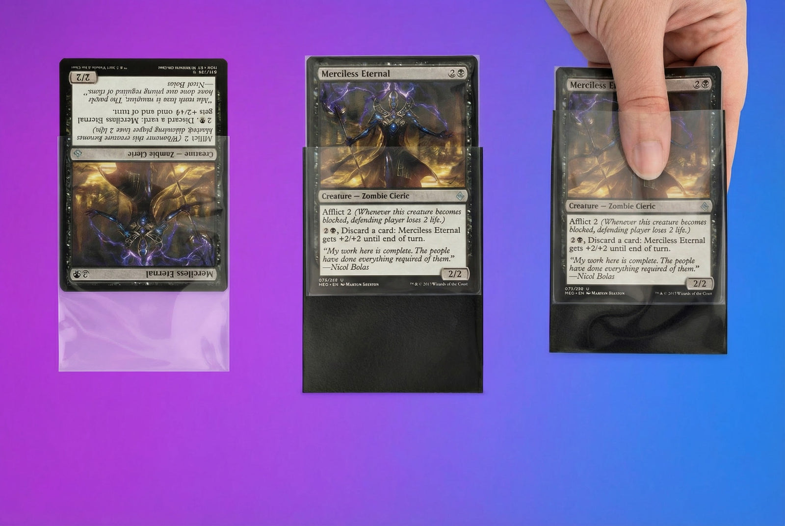 Inner sleeves being used on a Magic the Gathering Card in a three step process.