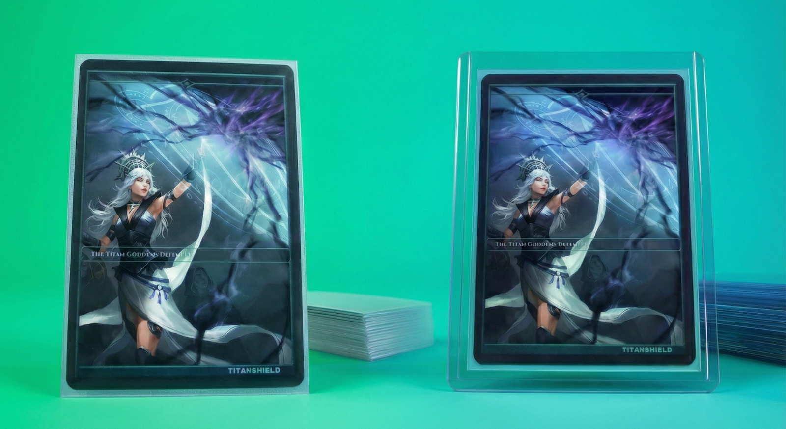 Clear card sleeve on the left side and a toploader with a sleeved card on the right.
