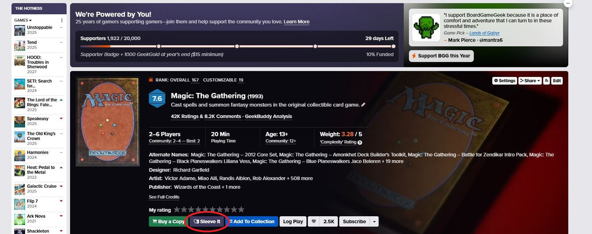 Screenshot of the Magic: The Gathering page on BoardGameGeek with the “Sleeve It” button circled near the bottom of the game details panel.