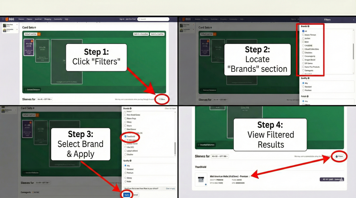 A four-step visual guide on BoardGameGeek showing how to filter card sleeves by brand using the Filters menu.