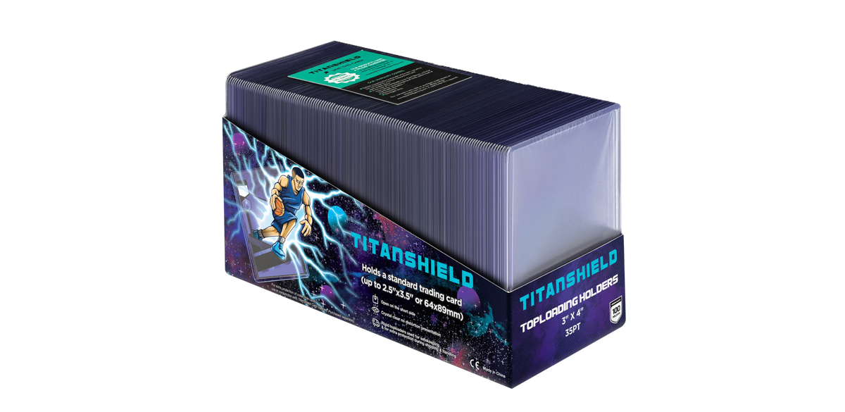 A retail box of TitanShield 3" x 4" toploader holders filled with clear rigid card protectors.