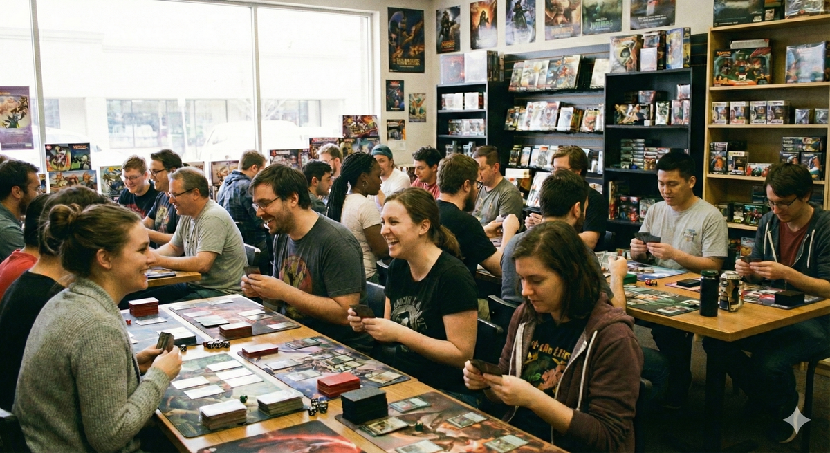 Players gathered in a game store enjoying a packed event with multiple tables underway.